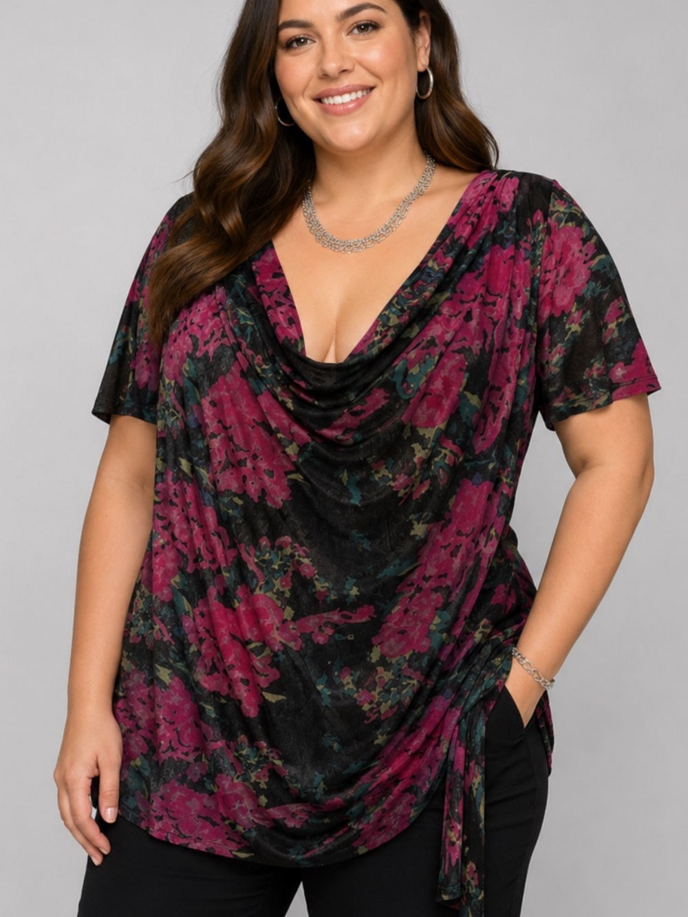 Penningtons Cowl Neck Blouse Silver Floral Metallic 2X